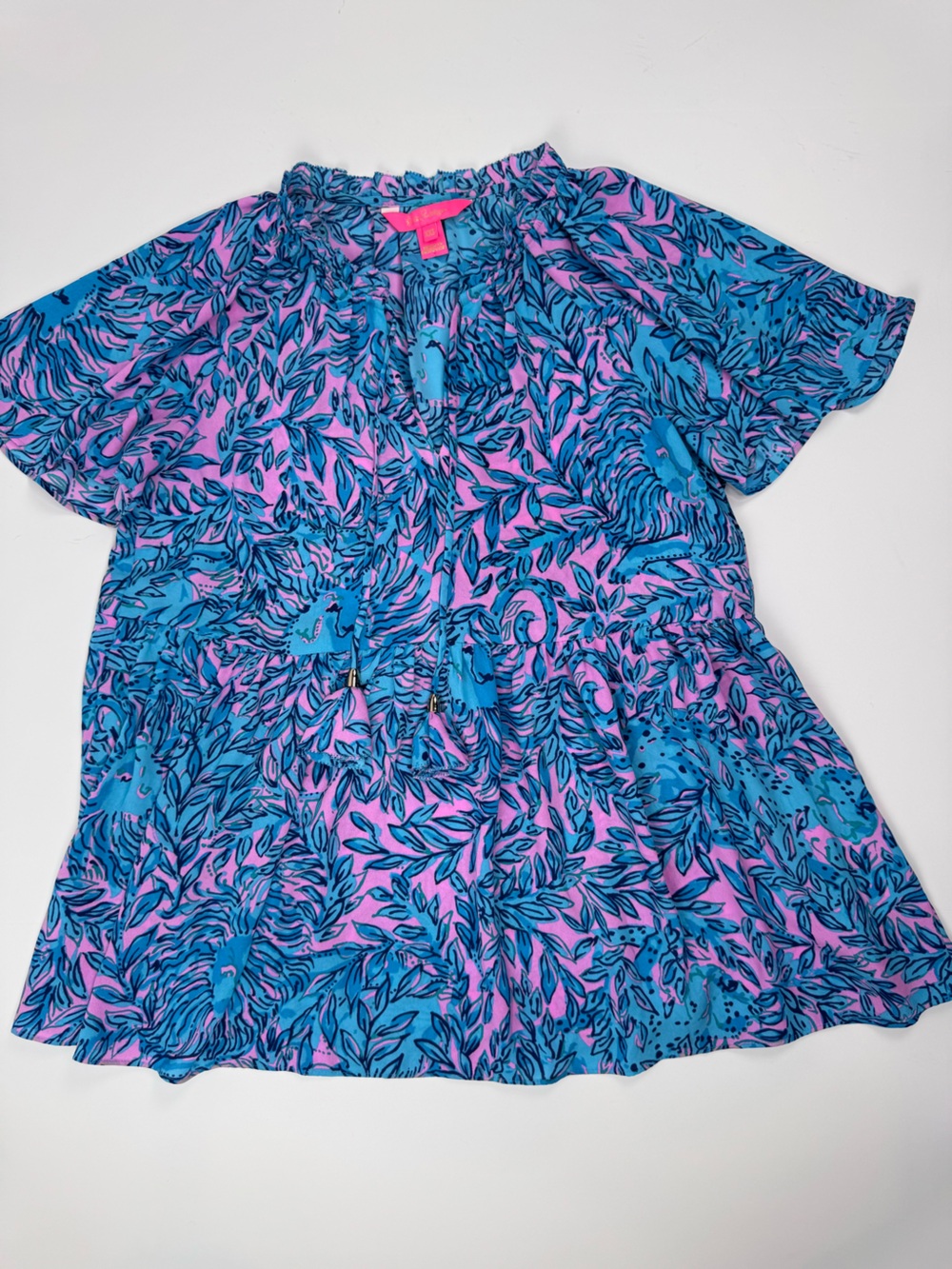 Lilly Pulitzer Blue and Pink Floral Ruffle-Neck Zadie Top